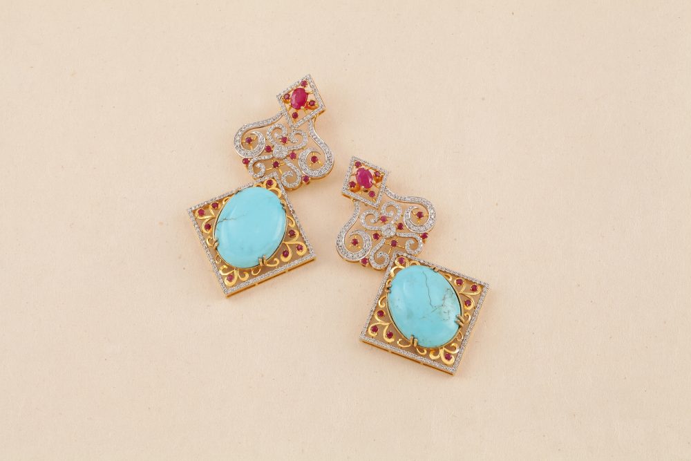 GB373 Diamond Turquoise  & Ruby Earring
