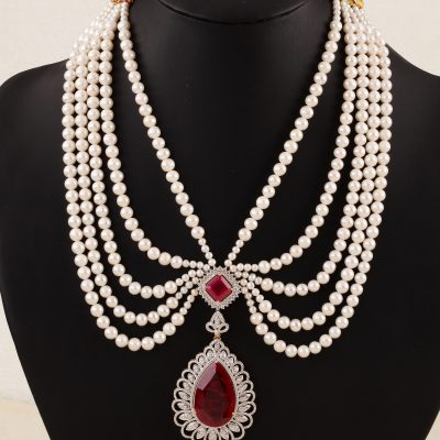 O3404 Diamond , Pearl & Red Stone Necklace