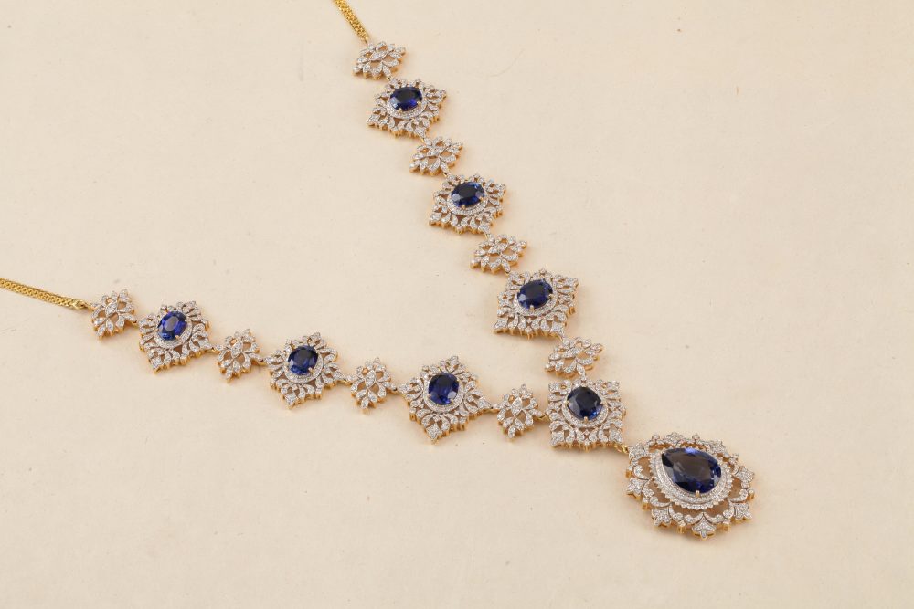 O3409 Diamond & Blue Stone Necklace